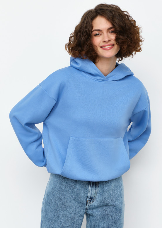 Blue colour shortened three-thread hoodie
